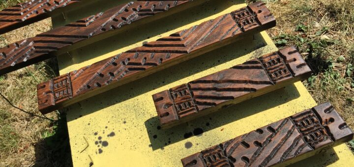 Stain and urethane on the carved trim