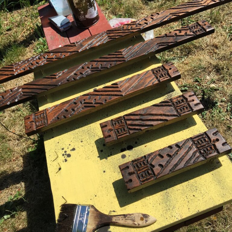 Stain and urethane on the carved trim