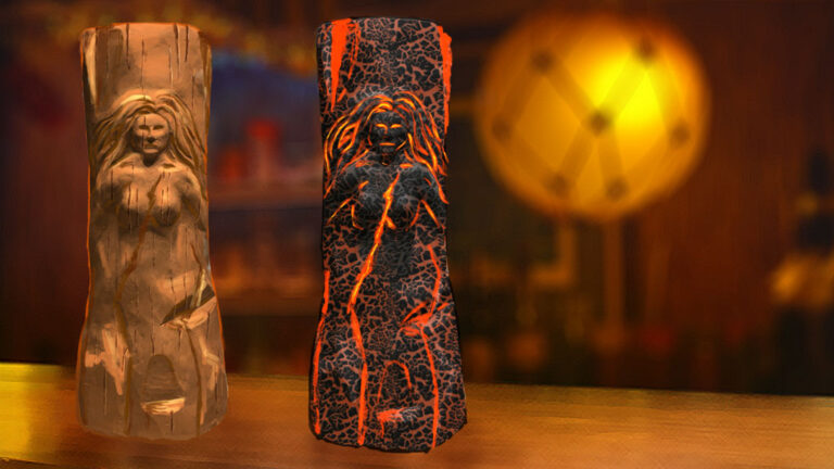 Renderings of the Pele tiki mug in carved wood and glowing lava glazes on a bar top with a lamp behind