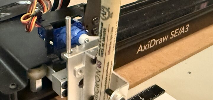 Blue servo on the pen lift mechanism of an AxiDraw SE/A3 pen plotter