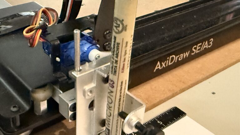 Blue servo on the pen lift mechanism of an AxiDraw SE/A3 pen plotter
