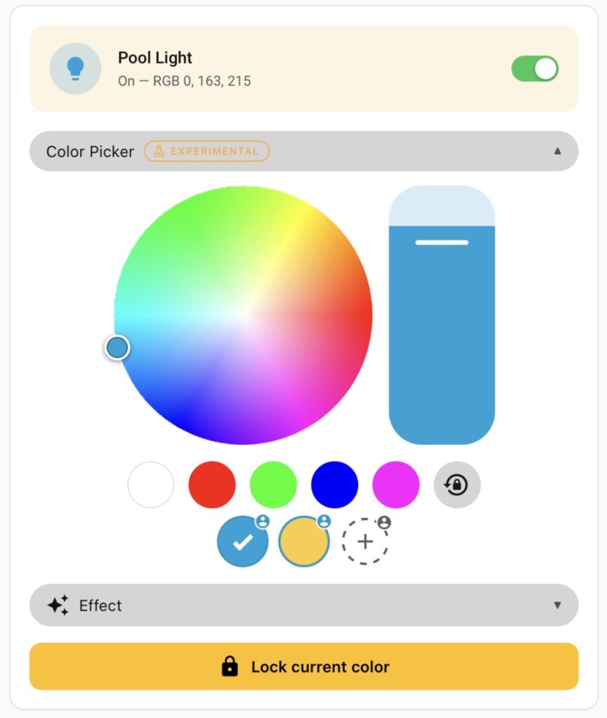 A screenshot of the pool light card in the Home Assistant dashboard, with on/off tillage and color preview, experimental color picker, built-in and user preset swatches, an Effect menu, and a button to color lock during a show.