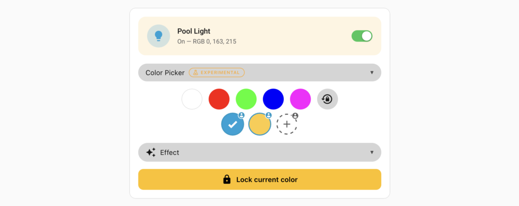 Collapsed Pool Light card in Home Assistant showing the on toggle, preset color swatches, and Lock current color button