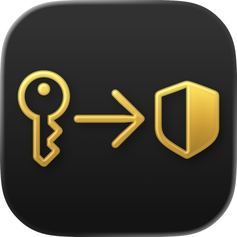 iOS icon for the app, icons in shiny gold on top of a black background. A key on the left, has an arrow that points right at a shield.